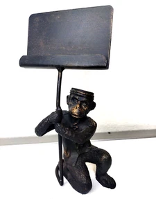 VTG Cast Iron Bellhop Monkey Business Card Holder Antique Bronzed Finish 7.5" - Picture 1 of 9