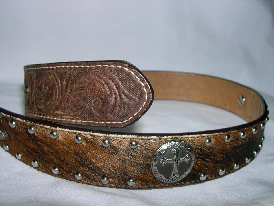 3D Belt Co Western Marrón Cuero de Vaca Pelo en Piel CRUZ Conchos 28" Foto 1 de 1