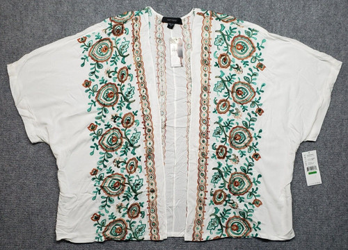 OFF WHITE Giacca kimono Karen Kane donna L bianco sporco ricamo floreale puro rayon USA nuova