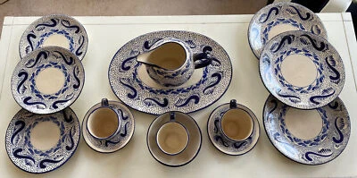 套装盘。 复古墨西哥蓝色花朵。 沙拉、晚餐和咖啡套装 — 第 1/4 张图片