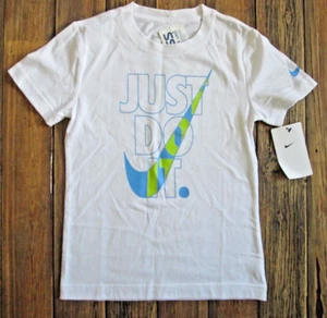 NWT Nike Boys Shirt Size 6 Medium 5/6 White Just Do It Swoosh Logo Blue Green - Picture 1 of 9
