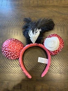 Disney Parks Minnie Ears Headband Pink Cheetah Leopard Print White Rose Feather - Picture 1 of 2