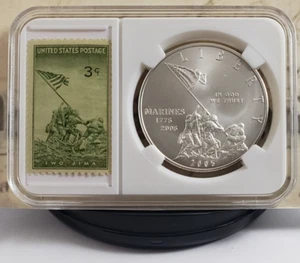 2005-P - U. S. Marines Commemorative - Silver Dollar with Stamp - Very Nice! W5 - Picture 1 of 12