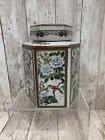 Asian ginger jar with lid  hexagon shaped, painted design  7”H 5”W Birds Sanford