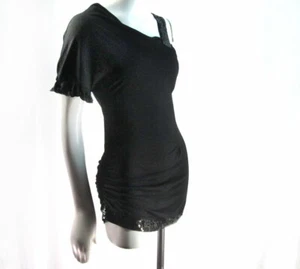 Laquette schwarz asymmetrischer Saum Single Top nackte Schulter Pailletten 1 T836 - Bild 1 von 8