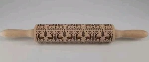 Wooden Embossed Rolling Pin Reindeer Christmas Trees Baking Crafts 15" - Picture 1 of 8