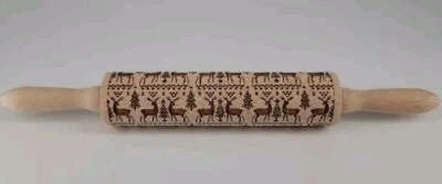 Wooden Embossed Rolling Pin Reindeer Christmas Trees Baking Crafts 15" - Image 1 of 4