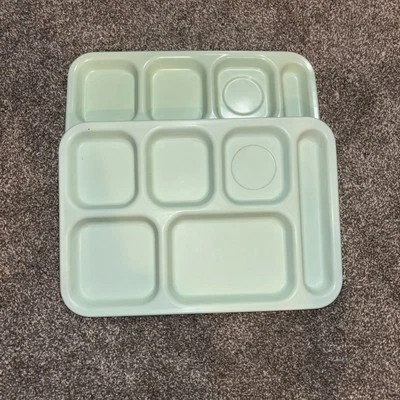 Vintage plastics manufacture School Cafeteria Lunch Divided Tray Green Set of 2 - Image 1 of 3