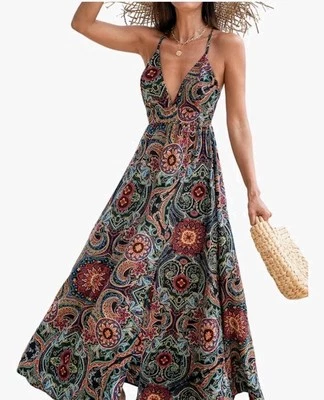 Maxi Dress L Babydoll Boho Bohemian Festival Paisley Resort Beach Black Plunge - Image 1 of 4