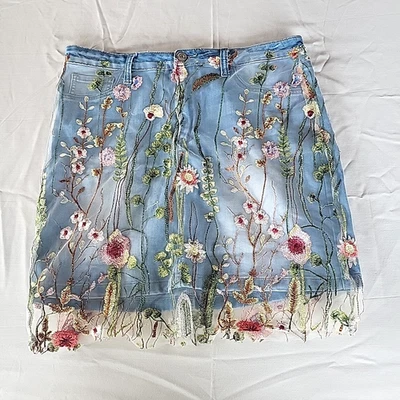 Falda Hidráulica Tribeca Denim Malla Superpuesta Floral Bordada Talla 12 Foto 1 de 4