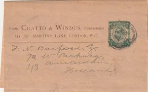 GB to Holland LONDON GV 1/2d Downey Head Wrapper CHATTO & WINDUS Publishing 1919 - Picture 1 of 1