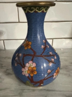Vintage Chinese Brass Cloisonné Enamel Vase Bright Orange Cherry Blossom Flowers - Image 1 of 4