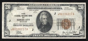 ⭐⭐ 1929 $20 KANSAS CITY FRBN FEDERAL RESERVE BANK NOTE Fr 1870-J 36217 - Picture 1 of 2