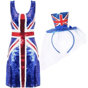 UNION JACK DRESS & FASCINATOR SEQUIN HEADBAND BRITAIN FANCY DRESS VE DAY 2025 - Picture 1 of 7