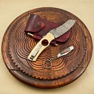 Handmade Damascus steel cigar cutter knife with brass handle, Ships from USA - Picture 1 of 8