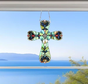 Suncatcher Window Panel Victorian Design Cross Stained Glass in Greens and Blues - Picture 1 of 6