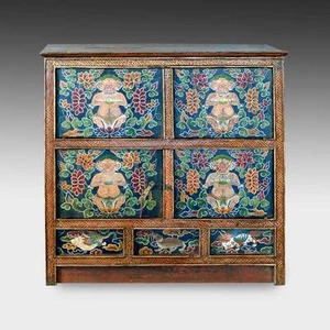 RARE ANTIQUE CABINET PAINTED PINE WOOD TIBET BUDDHISM CHINESE FURNITURE 19TH C.  - Picture 1 of 8