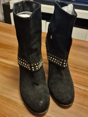 RUSSELL & BROMLEY  BLACK SUEDE STILETTO BIKER BOOTS LEATHER SIZE UK 5, EU38  - Image 1 of 4