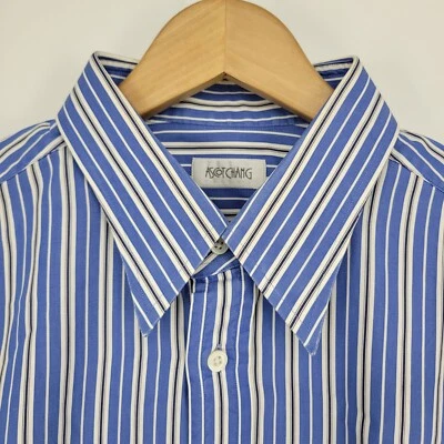 Ascot Chang Dress Shirt Button-down French Cuff Bespoke Stripe Blue White - Image 1 of 4