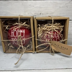 2 New RAE DUNN "Holly Jolly" & "Jingle Bells” Large 4" Red Christmas Ornaments - Picture 1 of 6