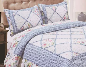 VICTORIA'S GARDEN 3pc King QUILT SET : COTTAGE BLUE RAG ROMANTIC COUNTRY FLORAL - Picture 1 of 2