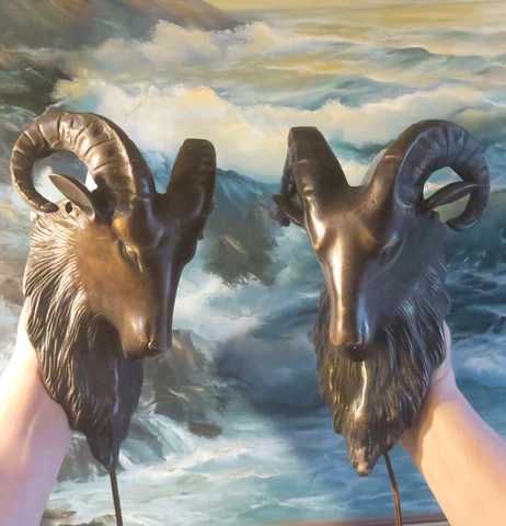 2 Bronze Antique Sconce Art DECO Gothic Medieval ins Ram head Goat Brass Vintage Cover