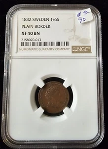 1832 Sweden 1/6 Skilling NGC XF 40 - Picture 1 of 2