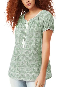 Ellos Peasant Blouse Top GREEN Medallion Ruffle Trim UK Sizes 24/26 to 44/46 - Picture 1 of 3