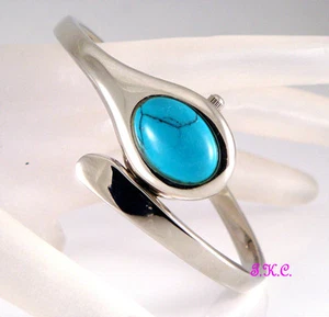 Silver Semi Precious Turquoise Snake Serpent Ladies Slider Bracelet Bangle Watch - Picture 1 of 6