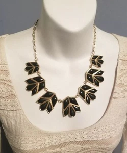 Collana stile art deco smalto nero tono oro collare regolabile pezzo dichiarazione - Foto 1 di 9
