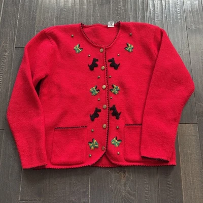 Cardigã vintage anos 70 Natal botão para cima Scottie Dogs Natal - Imagem 1 de 4