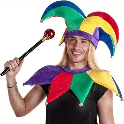 Jester Hat And Collar Bells On Points Carnival Clown Dress Costume Medieval - image 1 of 3