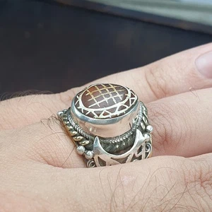 AA Antique Tibetan Etched Agate Center Stone Silver Inlay Gold Plated brass Ring - Picture 1 of 18