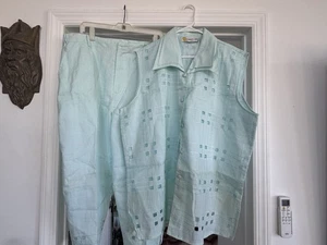3xl Lino Camisa Capri Pantalón Traje Conjunto - Azul - Imagen 1 de 8
