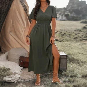 Damen V-Neck Sommerkleid Midikleid Kurzarm A-Linie-Kleid Freizeitkleid Übergröße - Bild 1 von 21