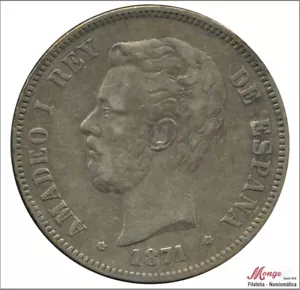 España Amadeo I 5 pesetas 1871 (*18*75) DEM Ag. / 24,76 gr. plata MBC / VF - Bild 1 von 2