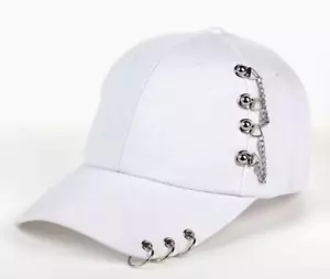 Baseball Cap W Metal Ring & Chain Unisex One Size Cotton White Cap C-63-404 - Picture 1 of 5