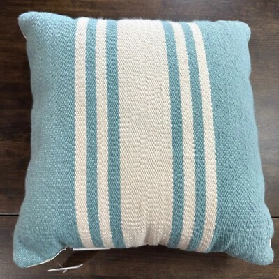 POTTERY BARN MODERN FARMHOUSE STRIPE INDOOR/OUTDOOR THROW PILLOW AQUA BLUE 20"SQ - Image 1 of 4