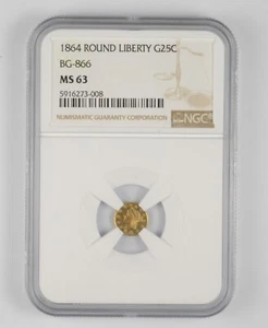 MS63 1864 Round Liberty Gold 25 Cents - BG-866 - Graded NGC *1060 - Picture 1 of 3