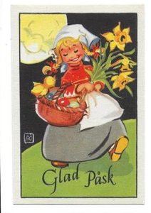 Astrid Österling Feliz Pascua Suecia Artista Firmado Niña con Cesta Postal - Imagen 1 de 1