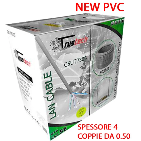 MATASSA BOBINA CAVO DI RETE LAN CAT 5E UTP 305 MT CAT5E IN BOX 305 M , TRUSTECH - Immagine 1 di 1