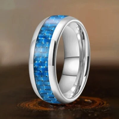 8 毫米硬质合金戒指蓝色碳纤维镶嵌圆顶抛光舒适贴合戒指 — 第 1/4 张图片