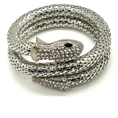 Silver Snake Memory Wire Bracelet Clear Rhinestones & Black Eyes Adjustable - Image 1 of 4