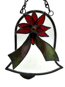 Vintage Poinsettia Christmas Bell Handmade Stained Glass Suncatcher - Picture 1 of 4