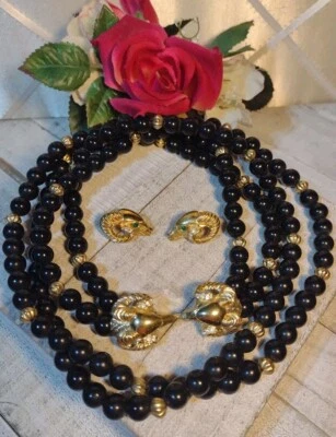 Kenneth Jay Lane KJL  Avon Ram Head Black  Gold Rhinestone Earrings Necklace Set - Image 1 of 4