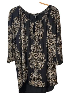 Lucky Brand Boho Bauern schwarze Tunika mit hellbraunem Paisleymuster mit Schlüsselloch Gr. 1X - Bild 1 von 6