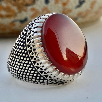 Anillo de plata de ley 925 para hombre rojo kapidy ágata yemení piedra aqeeq عقيق كبدي Foto 1 de 4