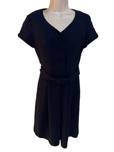 Talbots Karriere dunkelblau Kleid Druckknopf Gürtel 3 Knöpfe vorne breite Falte gefüttert Knie 2P - Bild 1 von 16