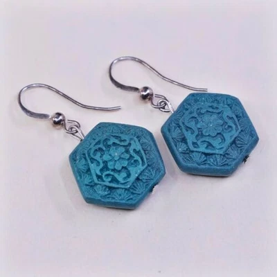 Pendientes de madera grabados vintage hechos a mano de plata de ley 925 color turquesa Foto 1 de 4