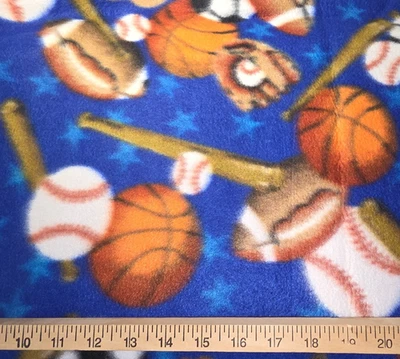 Football Baseball Bat Glove Basketball Blue Fleece Craft Sewing Fabric 62" NEW - Image 1 of 2